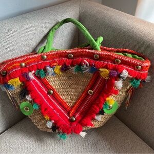 Vintage Coffa Sicilian Embroidered Raffia Straw Bag Metal Yarn Pom Poms
